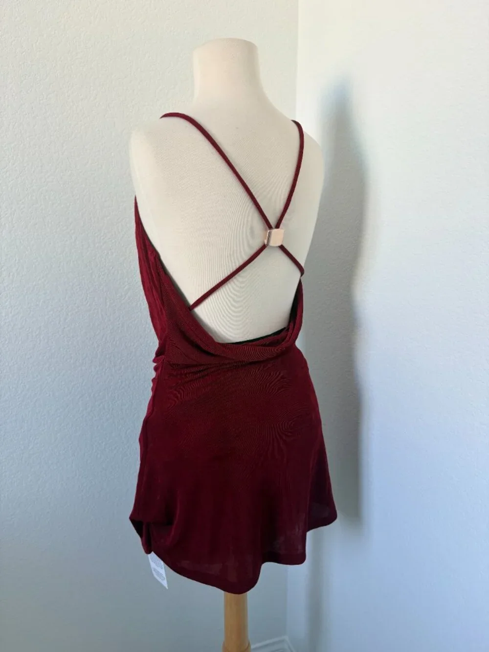 Sasha Therese Cowl Neck Strappy Open Back Mini Slip Metallic Dress S